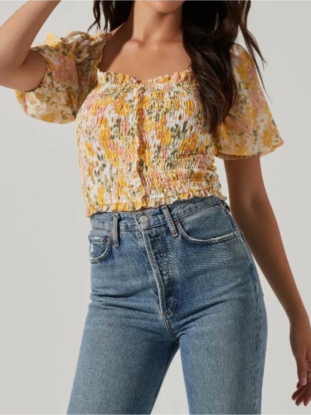 ASTR The Label Smocked Square-Neck Floral Crop Top